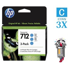 Genuine HP712 Cyan Standard Yield Ink Cartridge, 3/Pack (3ED77A)